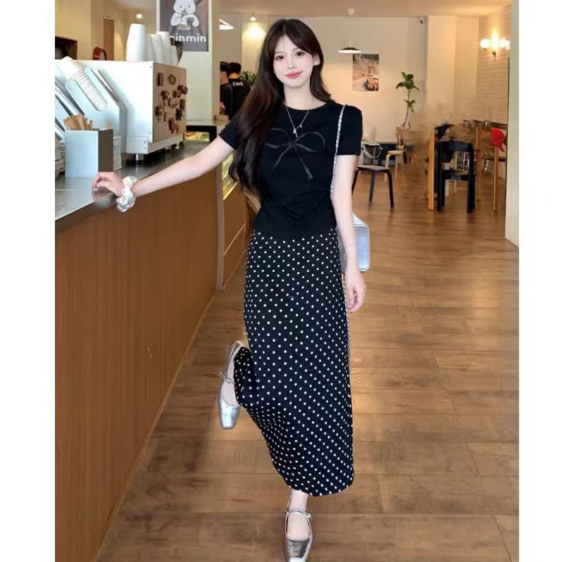 夏装搭配一整套时尚蝴蝶结t恤上衣波点半身裙显瘦减龄套装女1795