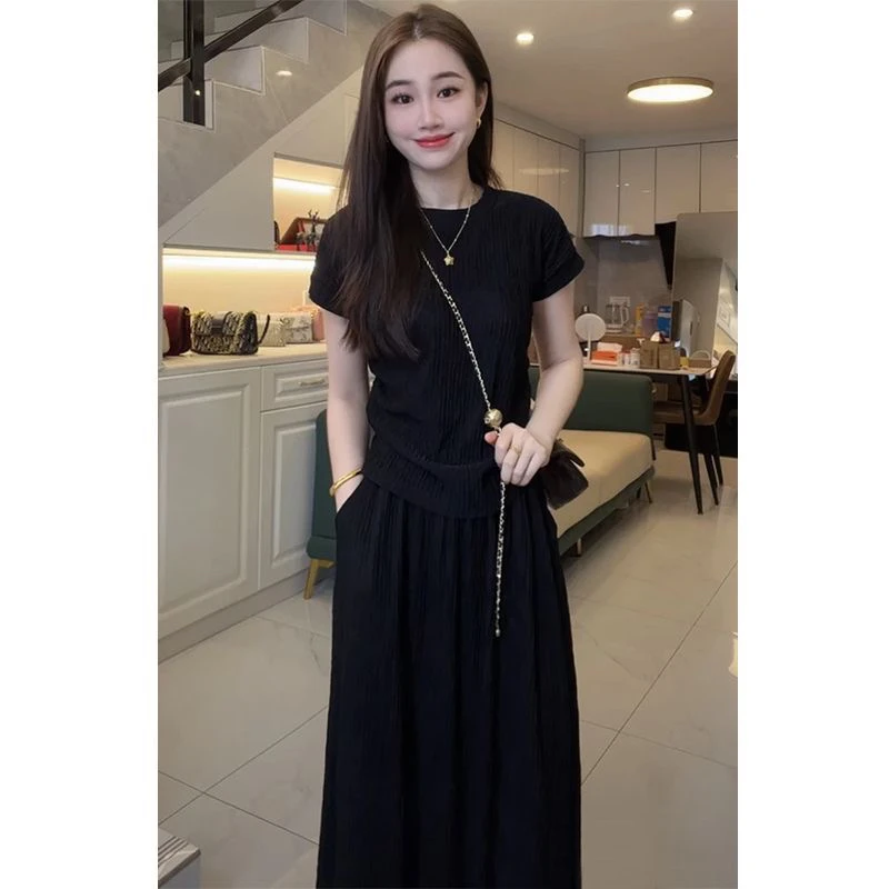 上衣+半身裙时尚套装夏季夏装洋气气质休闲收腰长裙百搭裙子黑色