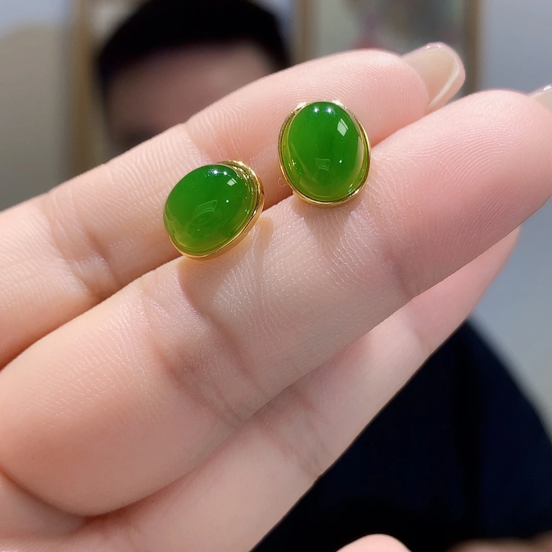 和田玉（碧玉）银S925镀金镶嵌耳饰