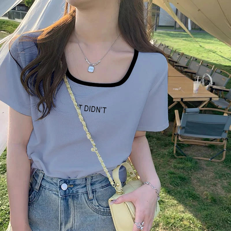 2025新款方领正肩撞色短袖t恤女士时尚百搭洋气宽松大码上衣夏季