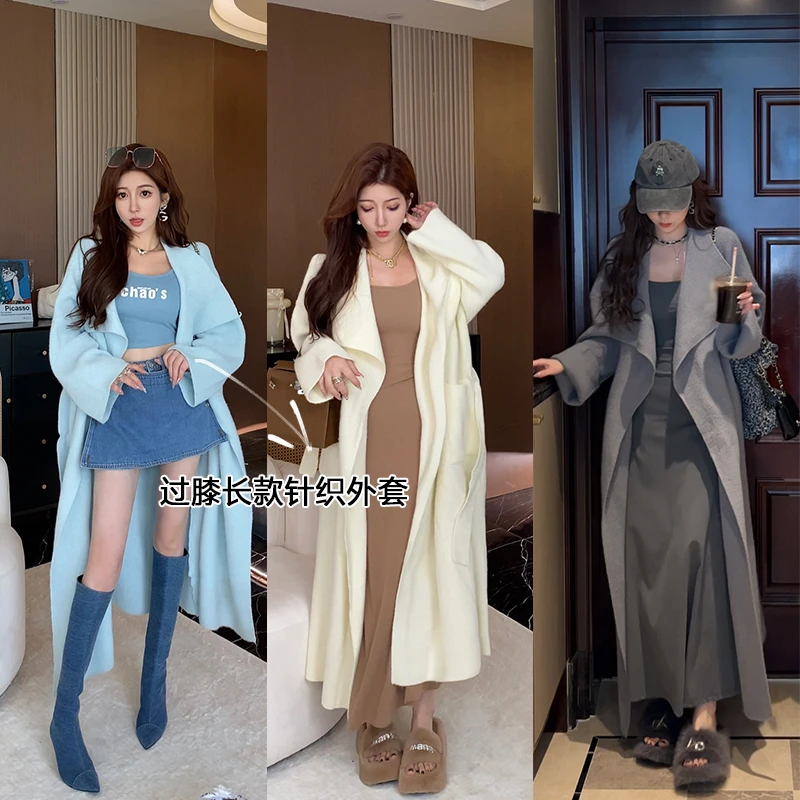 小雨姐姐【布美津开衫】时尚大翻领慵懒风系带宽松中长款针织开衫