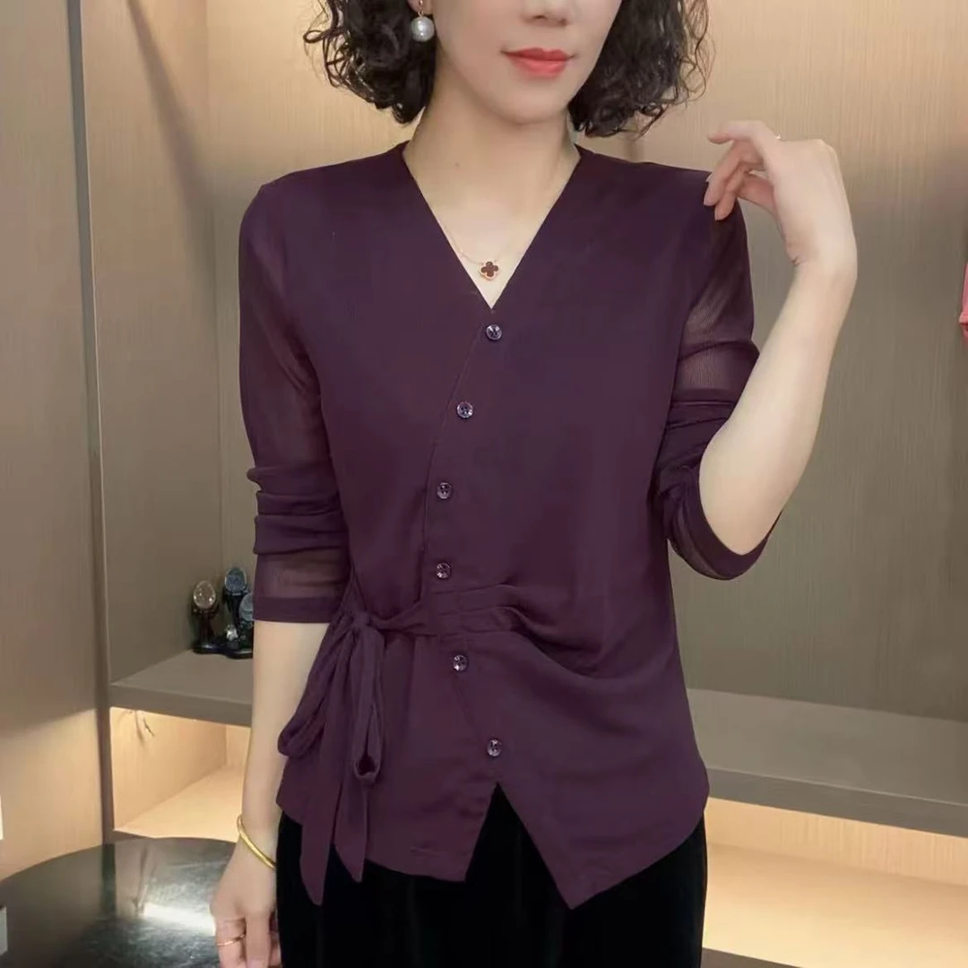 秋季爆款纯色弹力网纱修身光版系带长袖纽扣洋气时尚妈妈装打底衫