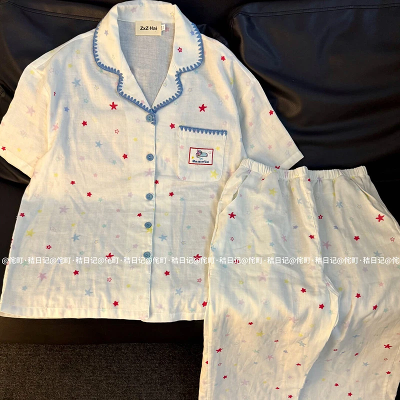 侘町2025年新款星冰乐短袖居家睡衣女纯棉夏季卡通外穿家居服套装