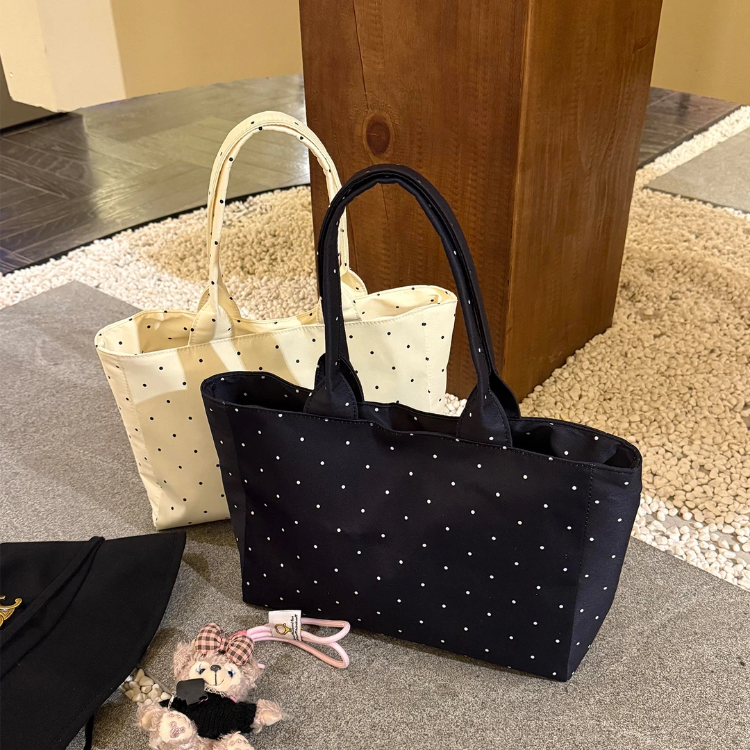 韩系波点便当包单肩款手提包包双根简约手提包磁扣复古风购物袋