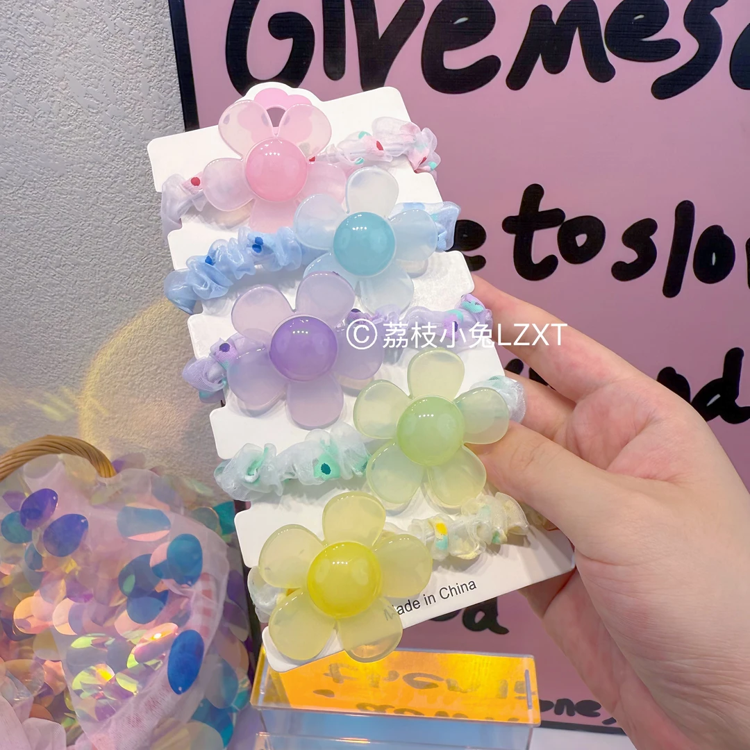 ins韩版甜美少女百搭透色果冻花可爱卡通时尚五件套儿童发绳发饰