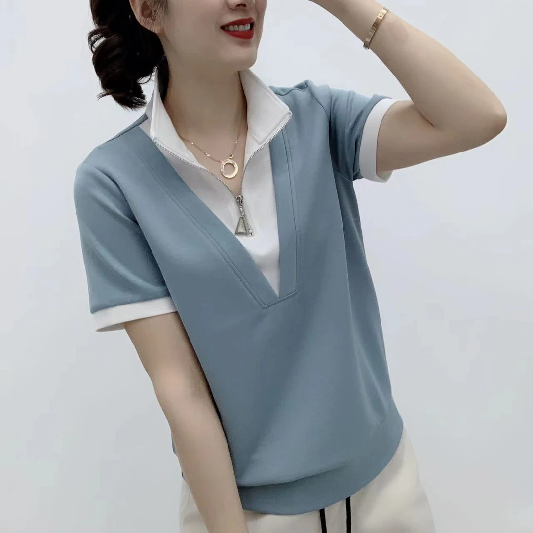 夏季新款立领半拉链假两件清新时尚百搭洋气短袖T恤