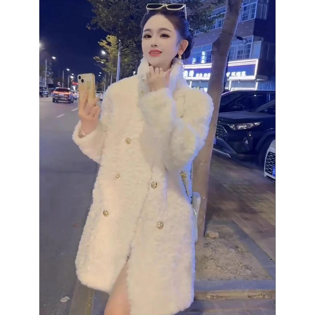 网红爆款2025冬季新款韩版双排扣羊羔毛大衣女双排扣中长款外套