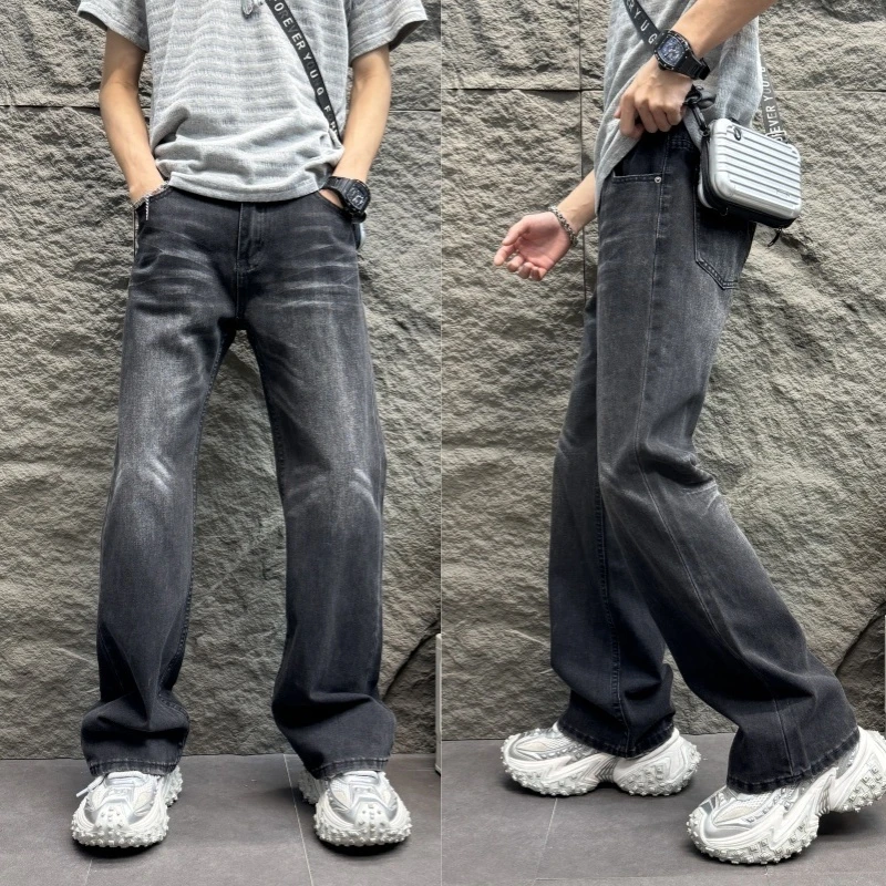 2025磨白牛仔裤男士秋冬直筒阔腿长裤潮牌男士直筒宽松阔腿牛仔裤