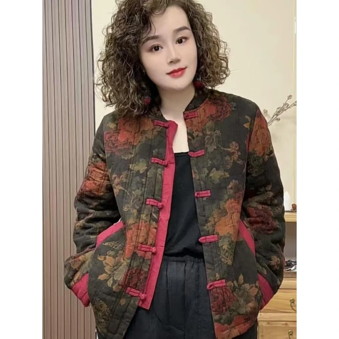 复古做旧砂洗炒色亚麻棉衣女冬季民族风盘扣印花夹棉保暖棉服外套