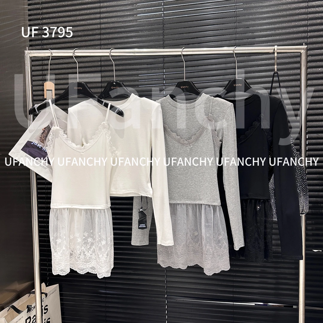 UF#时尚拼接蕾丝背心两件套上衣#3795