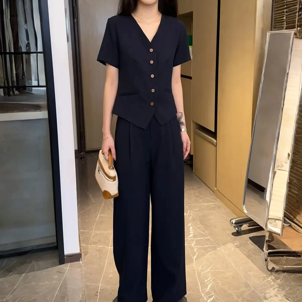 休闲时尚套装女意式轻奢慵懒风透气短袖衬衫高腰宽松阔腿裤两件套