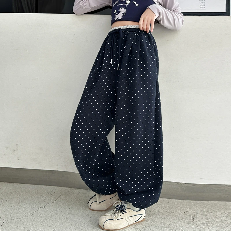 女童阔腿裤春秋装2025新款儿童波点休闲直筒长裤秋季女孩大童裤子