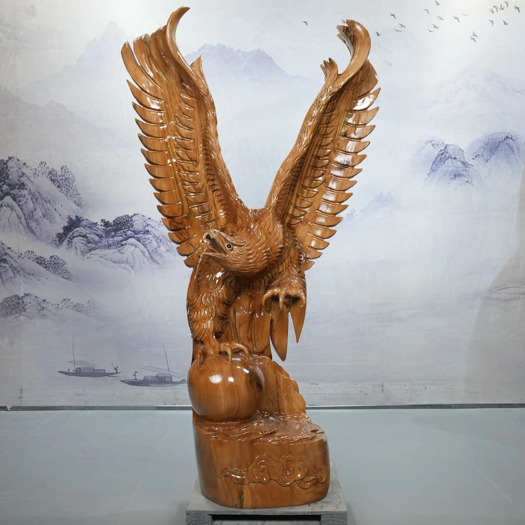 木雕摆件老鹰大展宏图根雕香樟木实木雕刻艺术品客厅装饰开业送礼