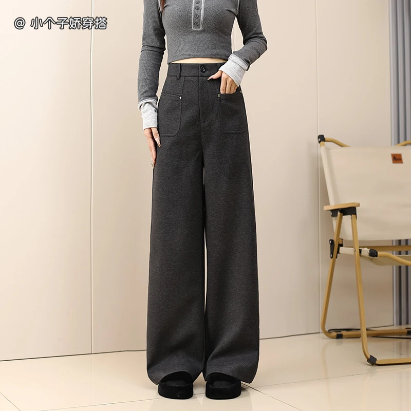 灰色毛呢西装裤子女秋冬加厚加绒阔腿裤高腰垂感直筒休闲拖地长裤