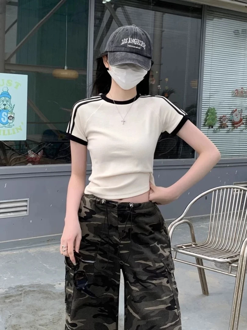 杏色高级感青春减龄短袖女夏纯棉美式三条杠修身显瘦短款上衣t恤