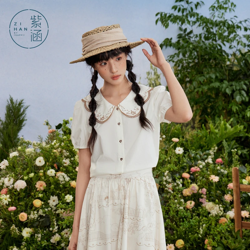 紫涵花瓣娃娃领衬衫女夏季新款宽松短袖衬衣Z4Z04ZS461