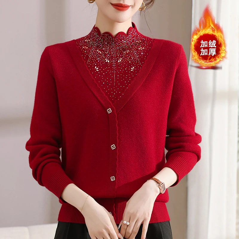 妈妈毛衣一体绒加厚假两件冬季打底洋气本命年中老年女针织衫上衣