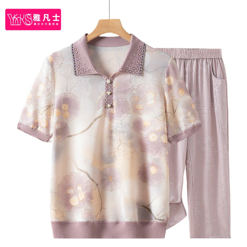 妈妈装夏装2024新款T恤套装中老年人衣服女奶奶装夏季冰丝小衫薄