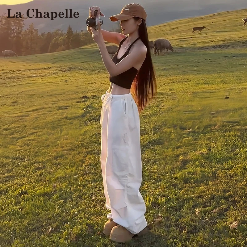 拉夏贝尔白色美式工装裤女款春秋2025新款宽松阔腿速干运动登山裤