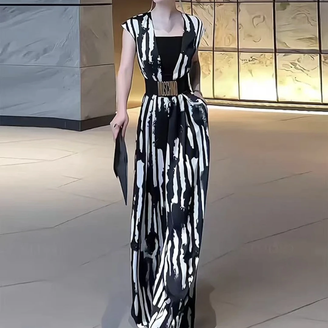 爆款时尚印花连体裤女2025夏季新款法式气质V领收腰阔腿裤子507款