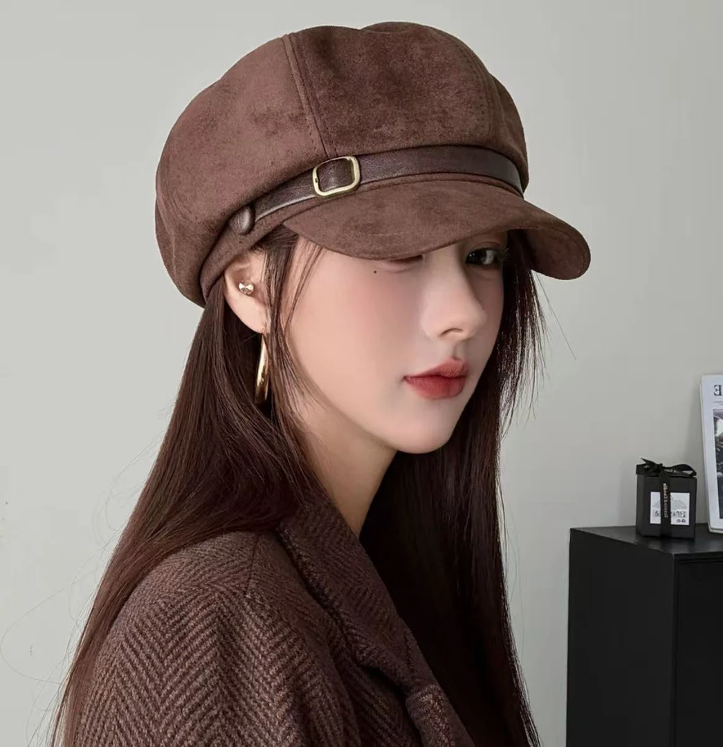 咖啡色八角帽女秋冬复古高品质麂皮绒贝雷帽时尚宽檐皮扣帽子脸小