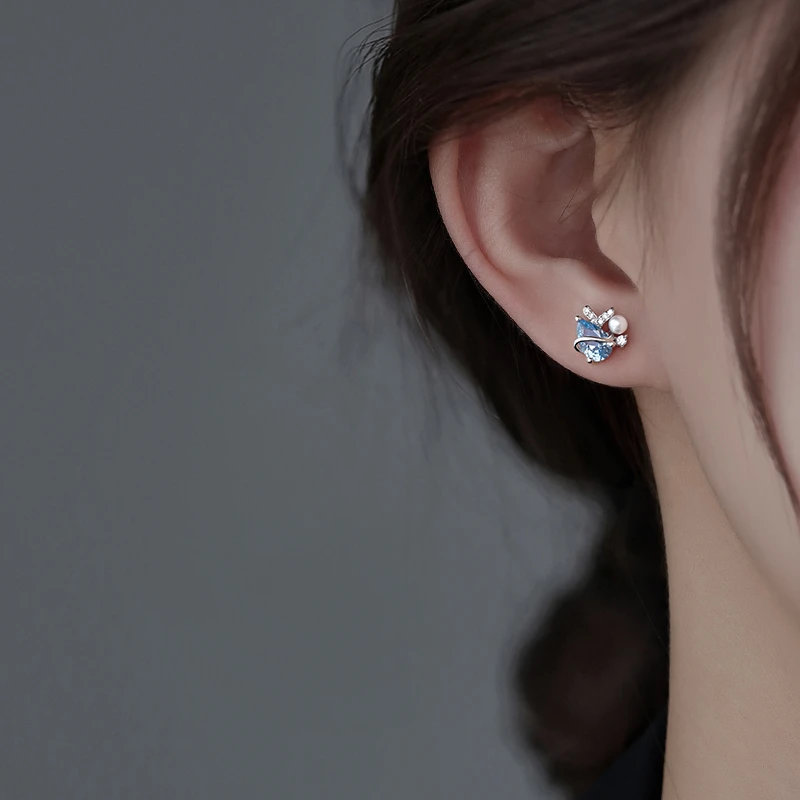 925银耳饰 925纯银蓝色锆石海豚耳钉女2025不对称耳环养耳洞耳饰