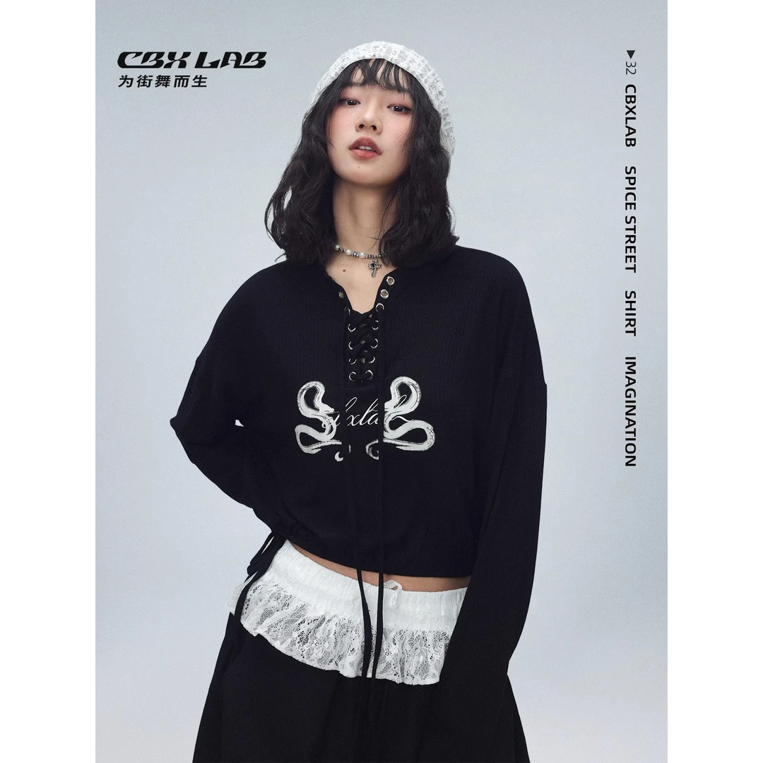 CBXLAB街舞潮牌双蛇抽绳开领上衣黑色时尚休闲宽松短款绑带上衣