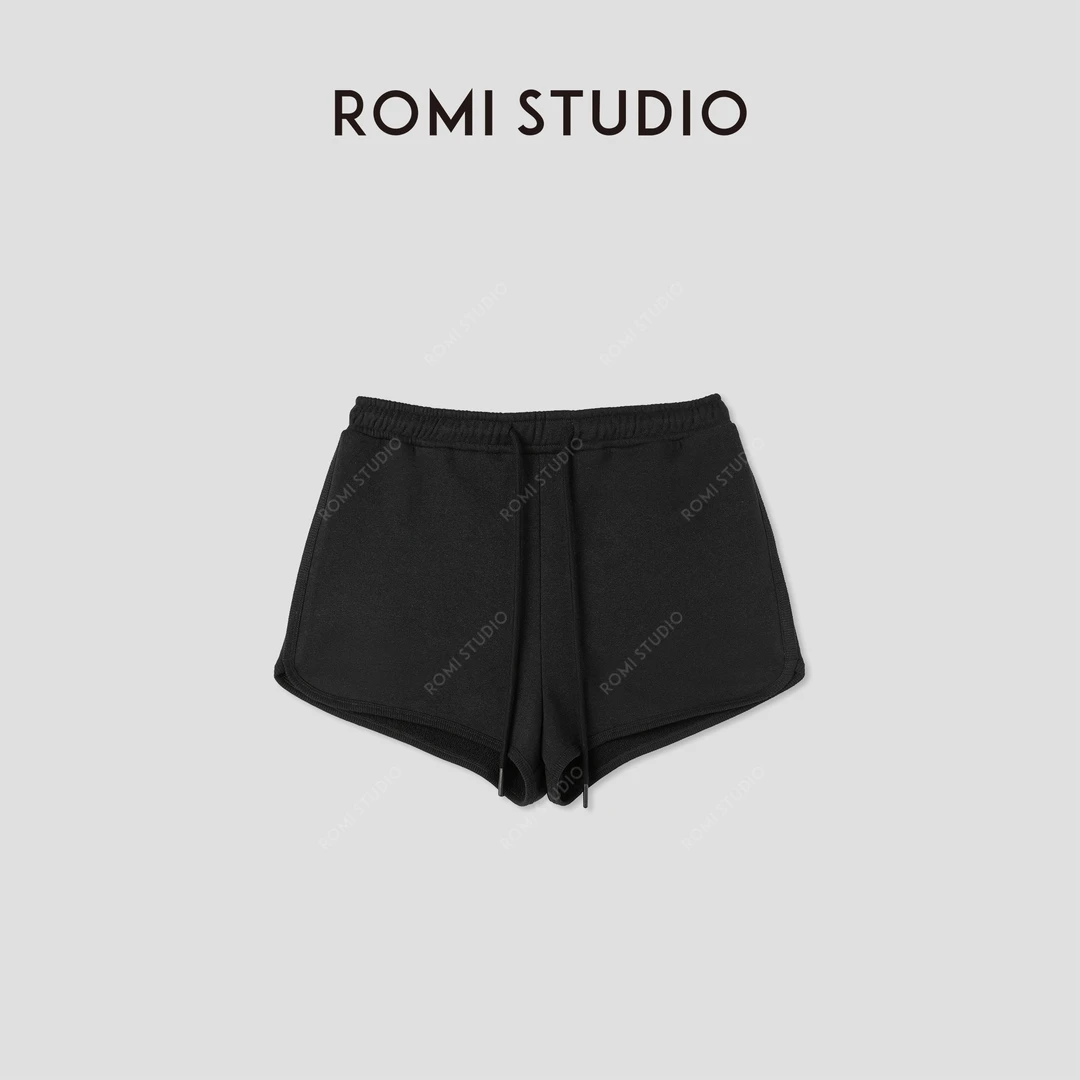 ROMI STUDIO 简约复古 | 运动休闲松紧腰黑色抽绳短裤 RWCRXM3064