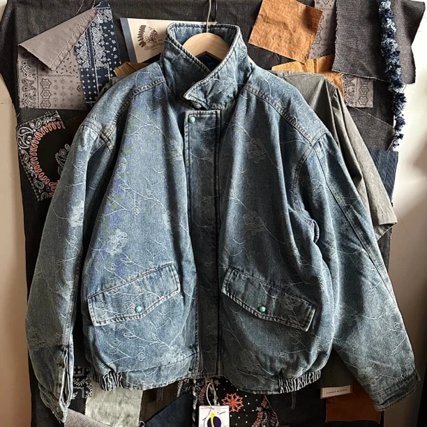 sina日系复古提花水洗牛仔棉服加厚外套宽松绿松石0408