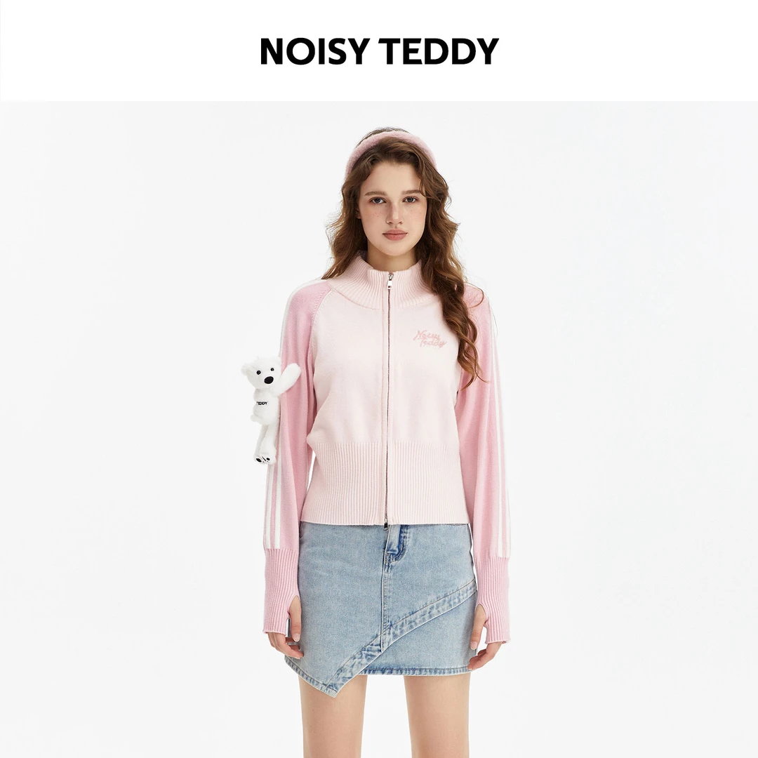 NOISY TEDDY设计款小熊立领开衫毛衣拉链外套休闲秋冬针织衫女