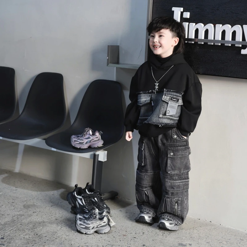 Jimmy妈童装【掌控全局】冬季新款儿童拼接牛仔水洗加绒连帽卫衣