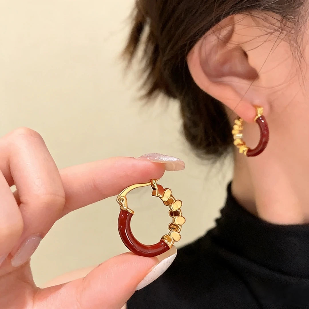 铜合金耳饰 安可拉红耳圈拼接圆圈耳扣复古港风耳环 A32
