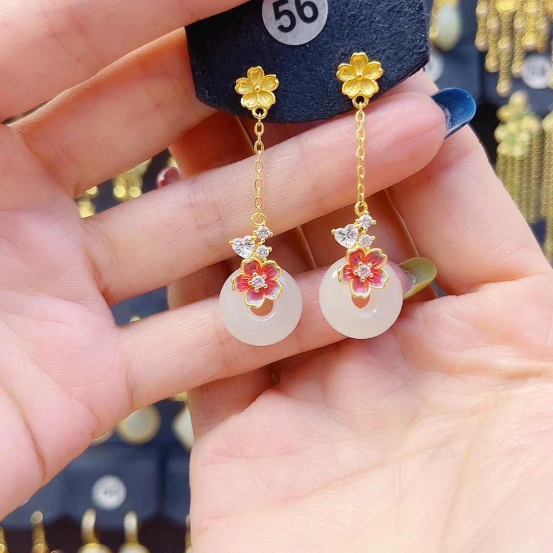 和田玉银S925镀金镶嵌耳饰