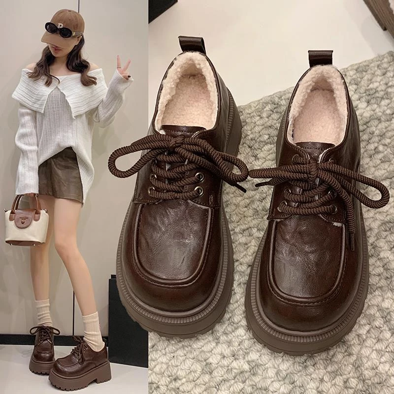 穿高跟鞋的吴大叔全皮厚底增高6cm系带加绒2025冬季新款英伦风乐