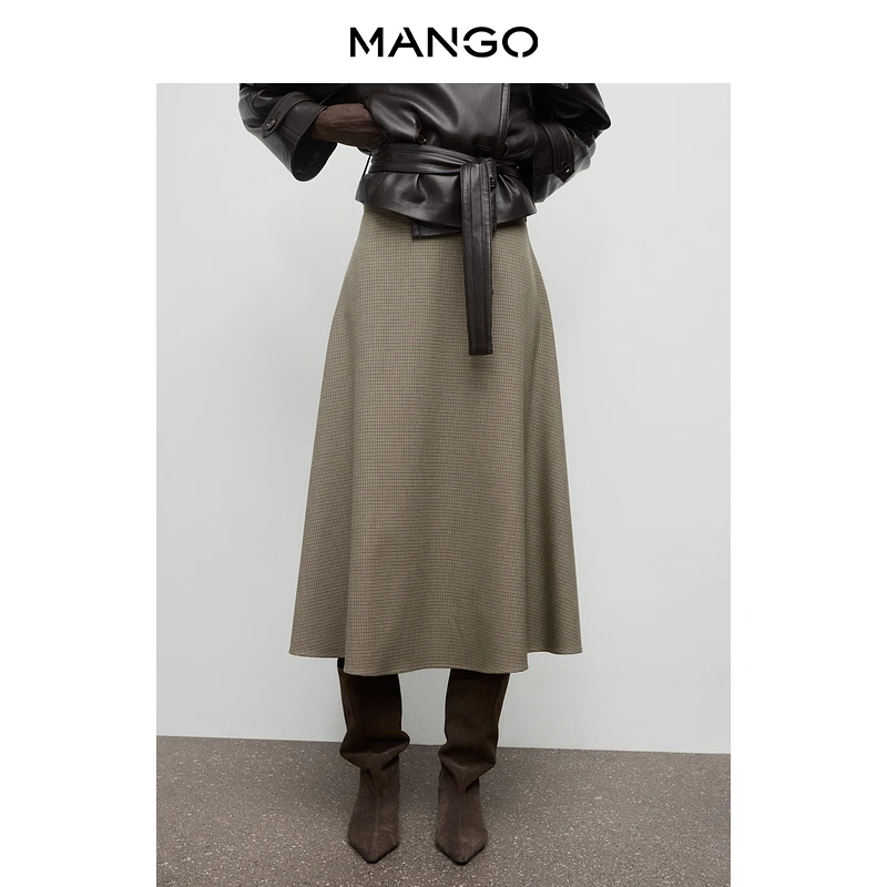 MANGO女装半身裙2025秋装新款时尚高腰千鸟格羊毛混纺A字半身裙