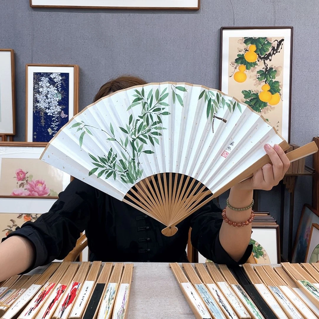 国画95寸玉竹-纯手绘-文玩扇骨（默认粘好）双面绿竹