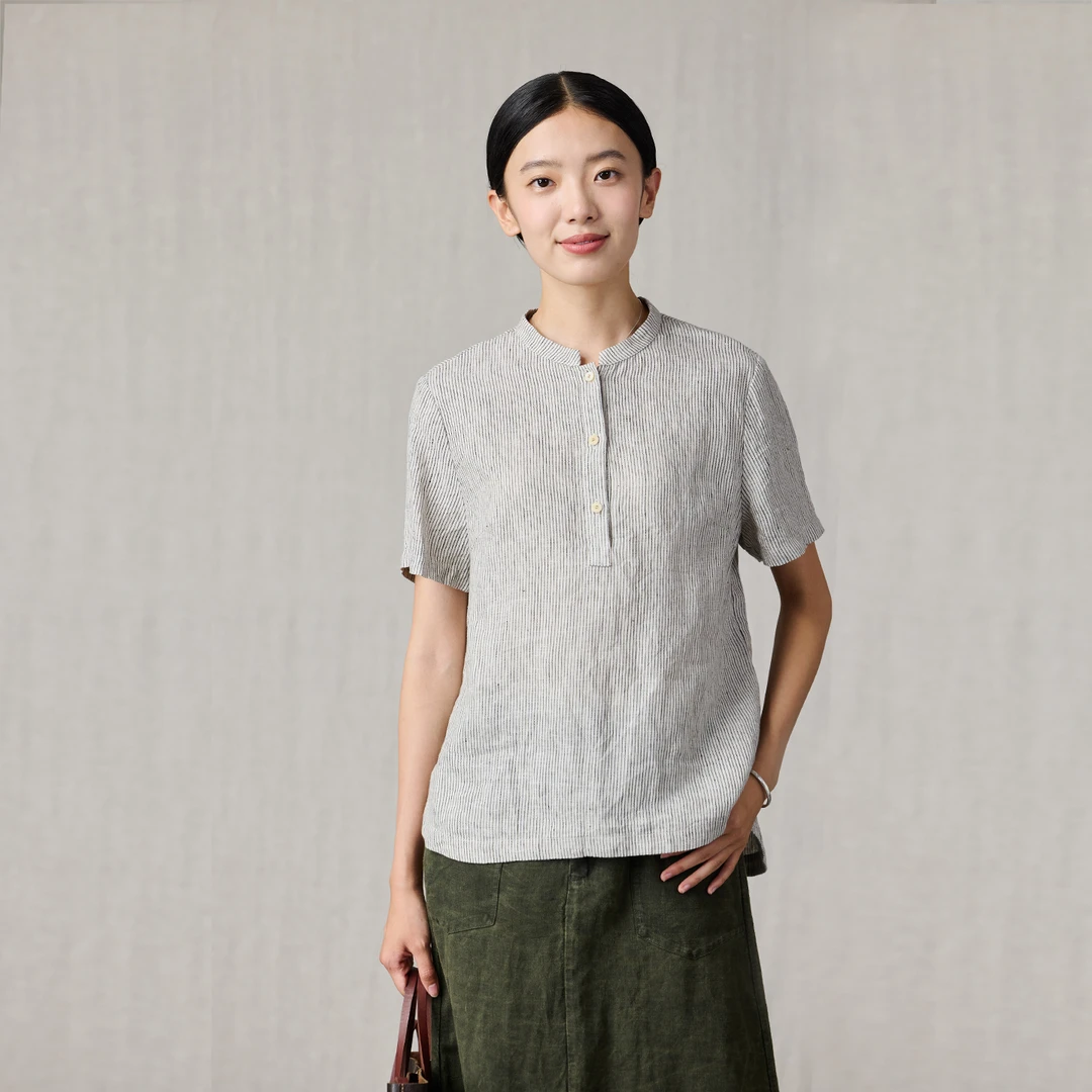 Q.TU比利时进口亚麻衬衫女色织细条纹4601休闲通勤夏新款短袖上衣