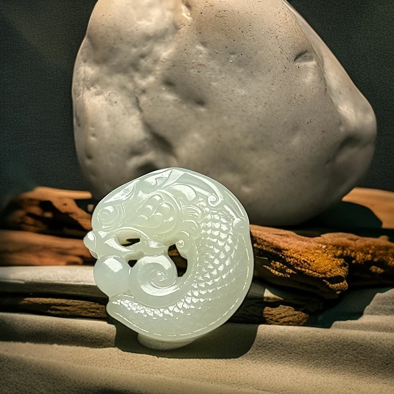 天然和田玉手工雕刻鱼化龙吊坠长26宽25厚8复古双面挂坠精雕