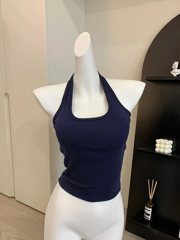 藏蓝色挂脖背心女夏季2025新款美式性感辣妹收腰短款u领吊带上衣