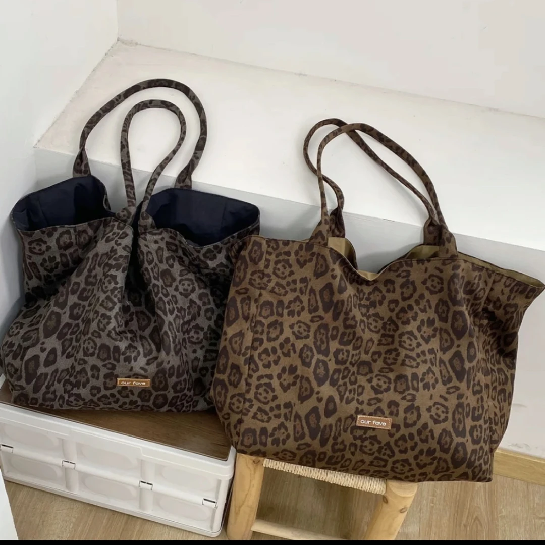 复古豹纹麂皮绒双面包小众高级感百搭托特包大容量通勤单肩包韩版