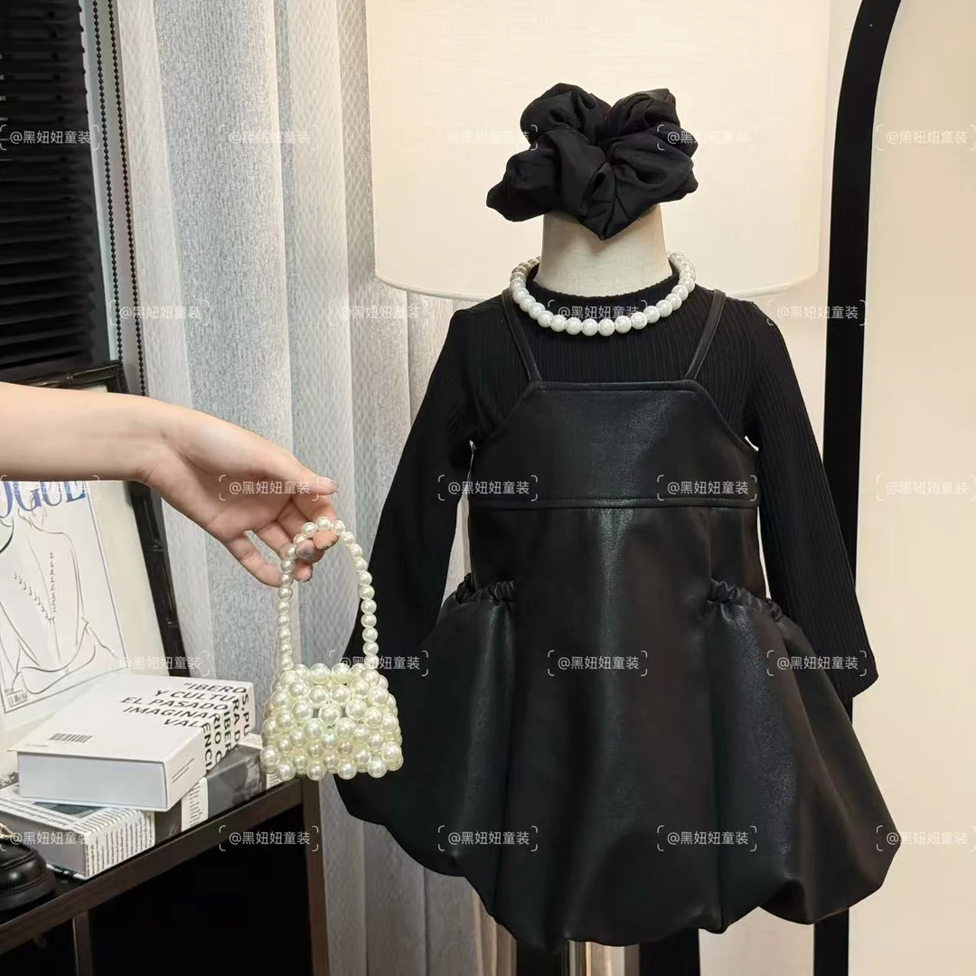【黑妞妞】千金风秋季女童连衣裙童装儿童韩版背带皮裙套装AJ90521