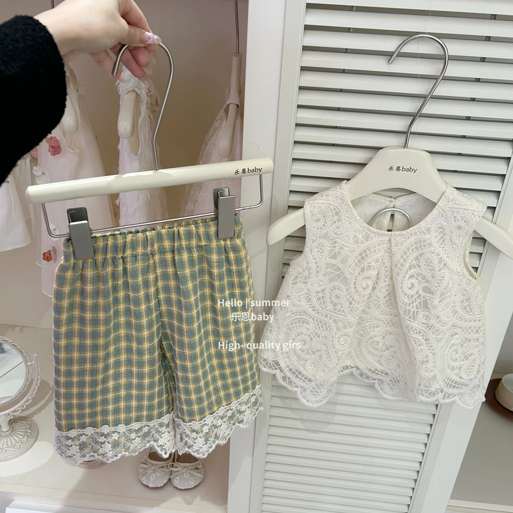 现【乐恩baby】女童夏洋气套装蕾丝背心花边格子阔腿裤宝宝韩版时髦