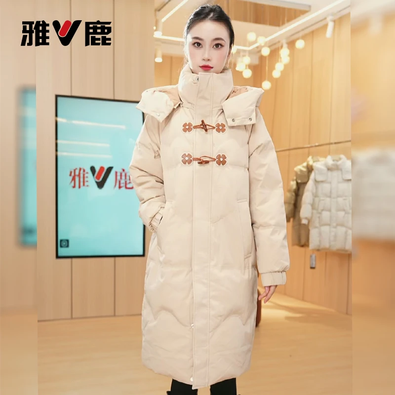 雅鹿正品加厚中长款羽绒服女2025新款休闲可拆卸帽廓形鸭绒外套