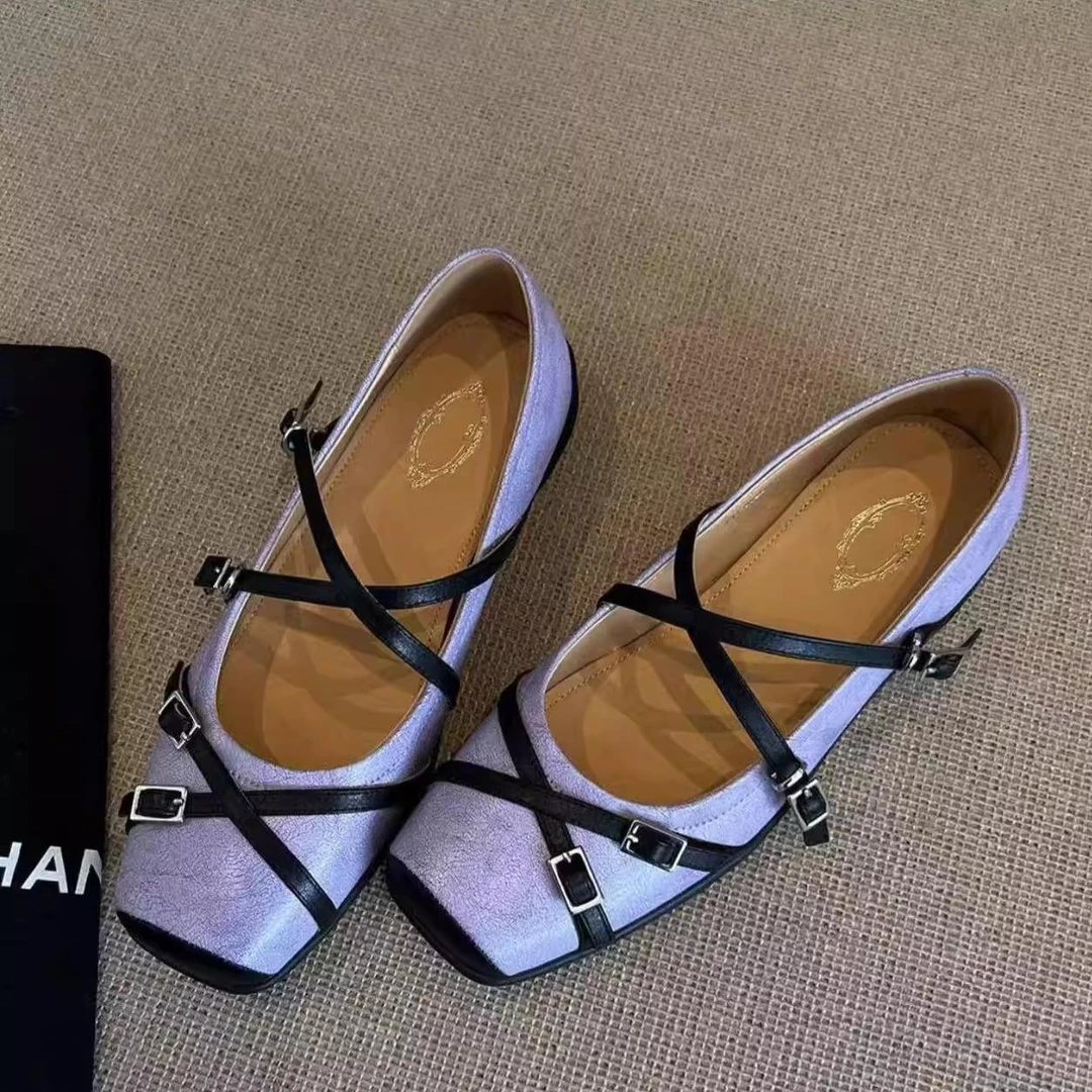 羊皮版~气质减龄交叉扣带芭蕾舞低跟单鞋女通勤复古方头玛丽珍鞋