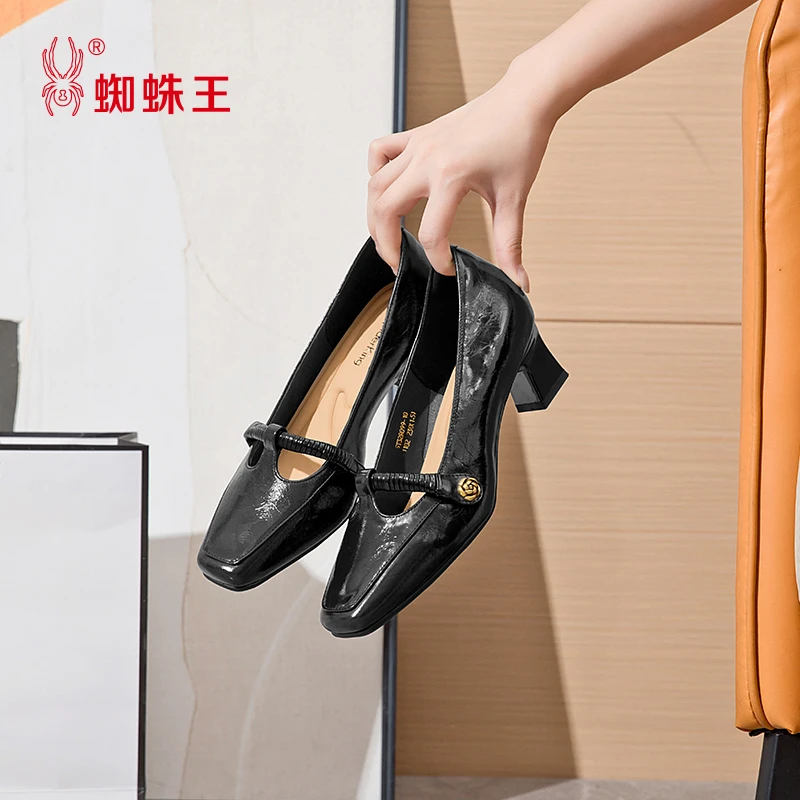 蜘蛛王真皮玛丽珍鞋女2026新款春季漆皮浅口单鞋方头高跟小皮鞋女
