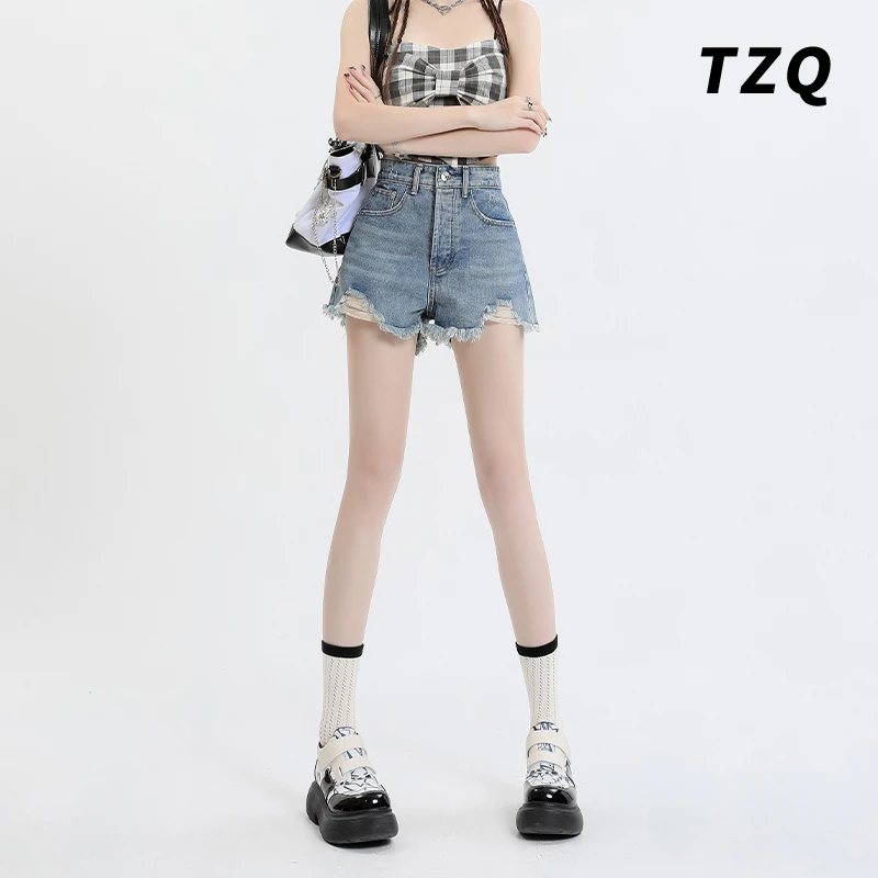 破洞牛仔短裤女2025秋季新款高腰辣妹毛边显瘦a字热裤TZQ2550910