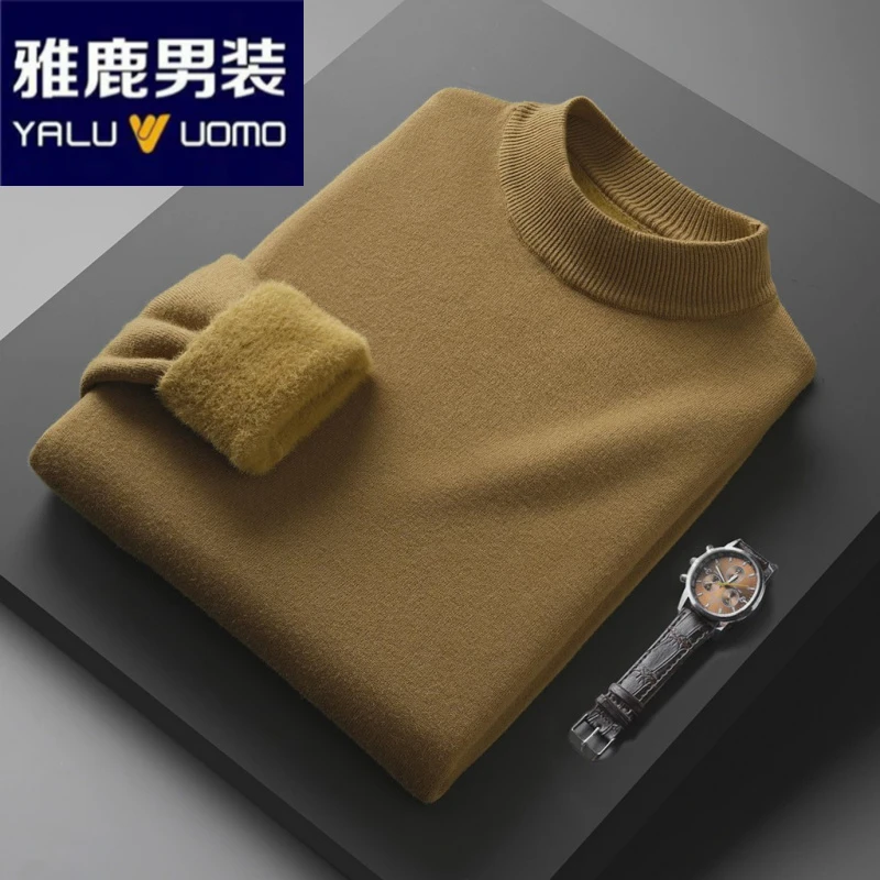 雅鹿男装男装一体绒毛衣男打底衫秋冬半高领内搭针织衫加绒加厚保