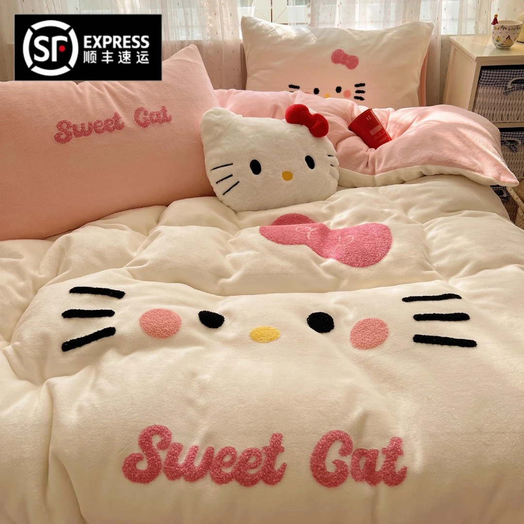 猫咪日记卡通小甜猫超柔牛奶绒四件套少女风小清新被套三件套宿舍