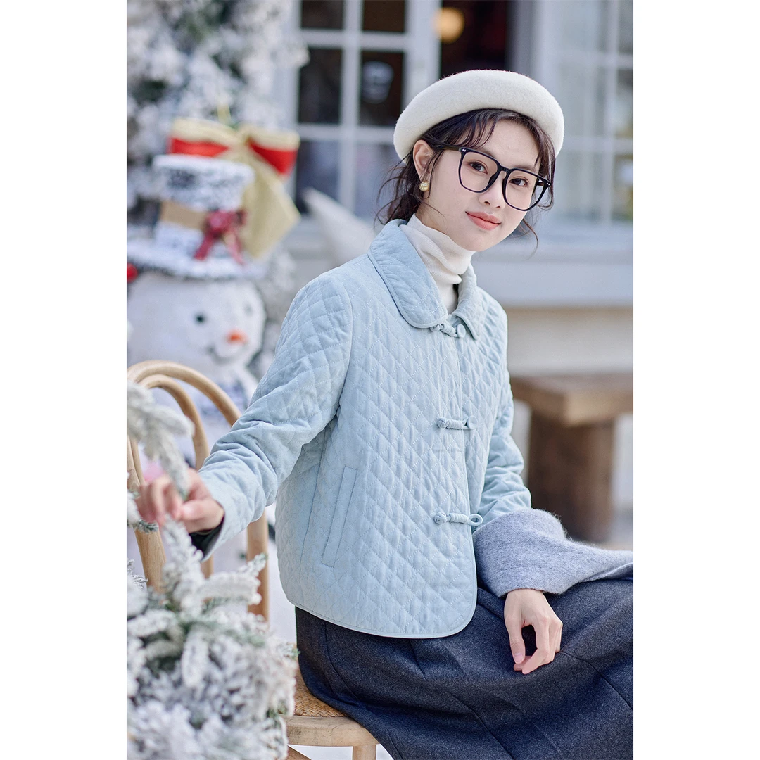 红念蓝色棉服女短款小个子设计感2025年冬季新款女装短款棉服女款