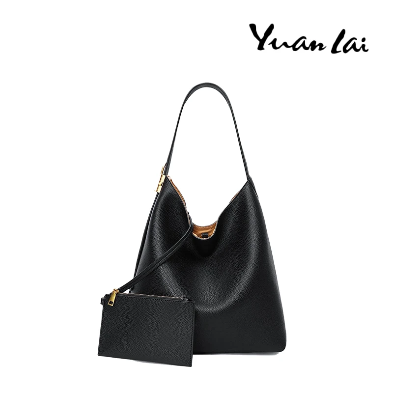 YUANLAI原来  头层牛皮 手提包Hobo包轻奢时尚黑色简约小众单肩